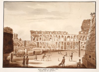 コロッセオのアリーナは塗りつぶされ、1833年に元の状態に復元されました（茶色のウォッシュでエッチング） 作： Agostino Tofanelli